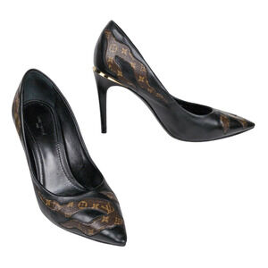 LOUIS VUITTON First Lady Pump Monogram Black Brown Pointed Toe Womens EU 39 US 9
